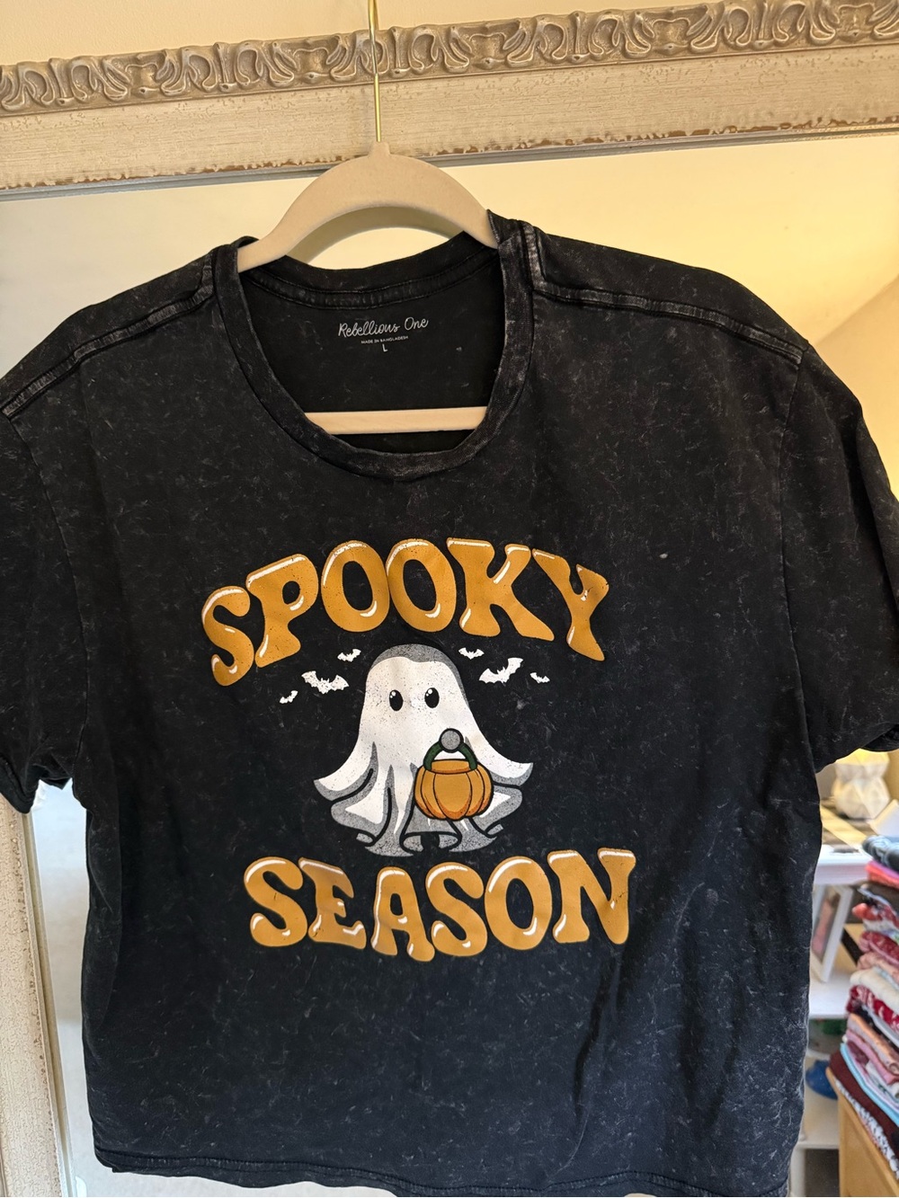 Rebellious One Gray Tee with White Ghost and Pumpkin